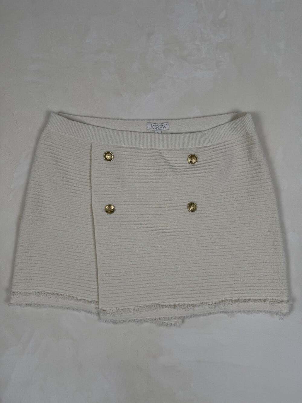 J.Crew Ivory Textured Knit Mini Skirt Women’s XL Gold Buttons Fringe Hem NWT